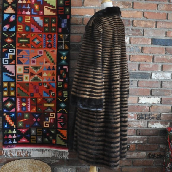 Brown Blonde Horizontal Stripe Mink Fur Full Length Long Coat Jacket, Sable Trim - Picture 11 of 13